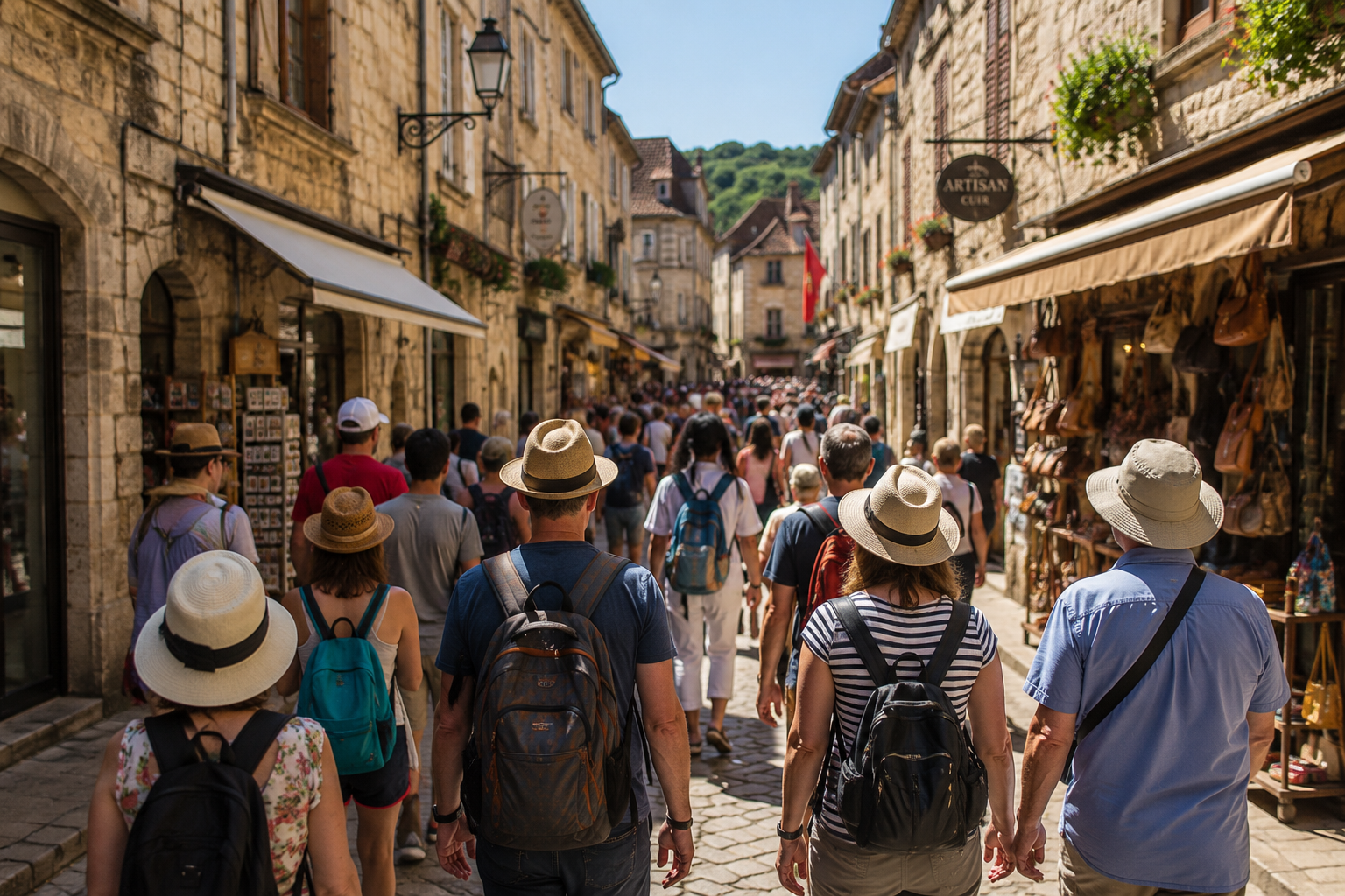 Tourists walking through a crowded historic street lined with shops